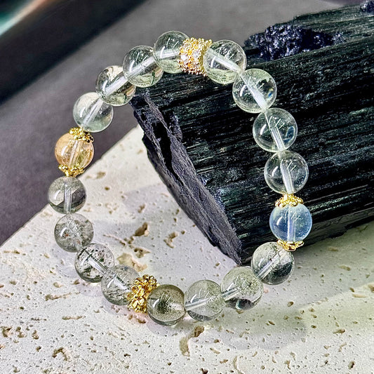 Green Phantom Quartz, Aquamarine & Citrine Bracelet 绿幽灵 海蓝宝 黄水晶 - Emerald Tide 翠澜流光 🌿🌊☀️