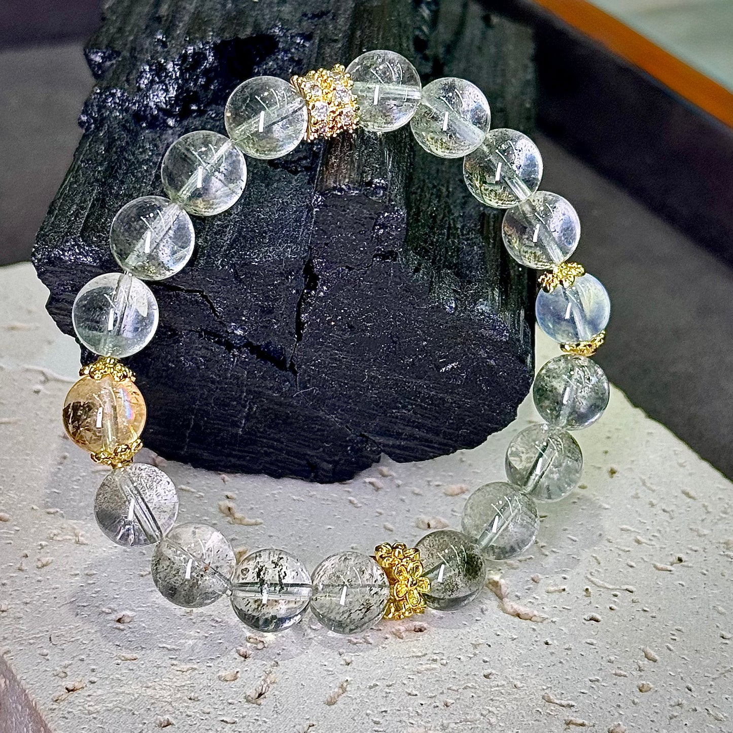 Green Phantom Quartz, Aquamarine & Citrine Bracelet 绿幽灵 海蓝宝 黄水晶 - Emerald Tide 翠澜流光 🌿🌊☀️