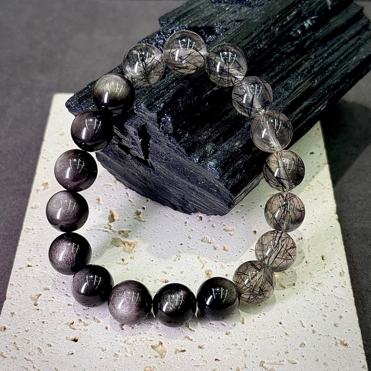 Black Rutilated Quartz & Silver Sheen Obsidian Bracelet 黑发晶 银曜石 - Midnight Guardian 墨夜守护 🖤🌙