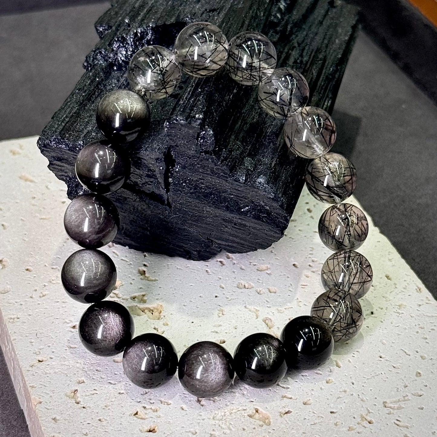 Black Rutilated Quartz & Silver Sheen Obsidian Bracelet 黑发晶 银曜石 - Midnight Guardian 墨夜守护 🖤🌙