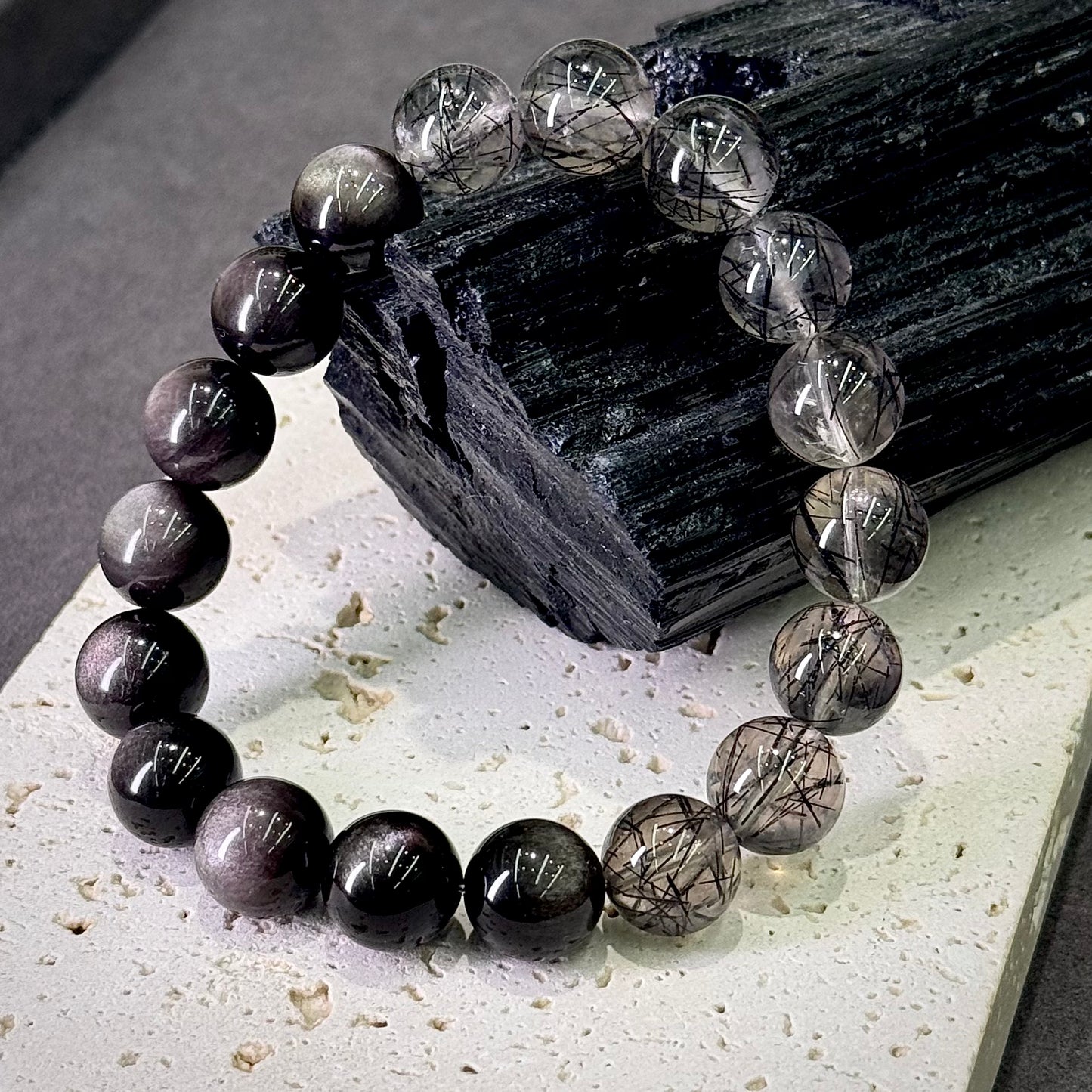 Black Rutilated Quartz & Silver Sheen Obsidian Bracelet 黑发晶 银曜石 - Midnight Guardian 墨夜守护 🖤🌙