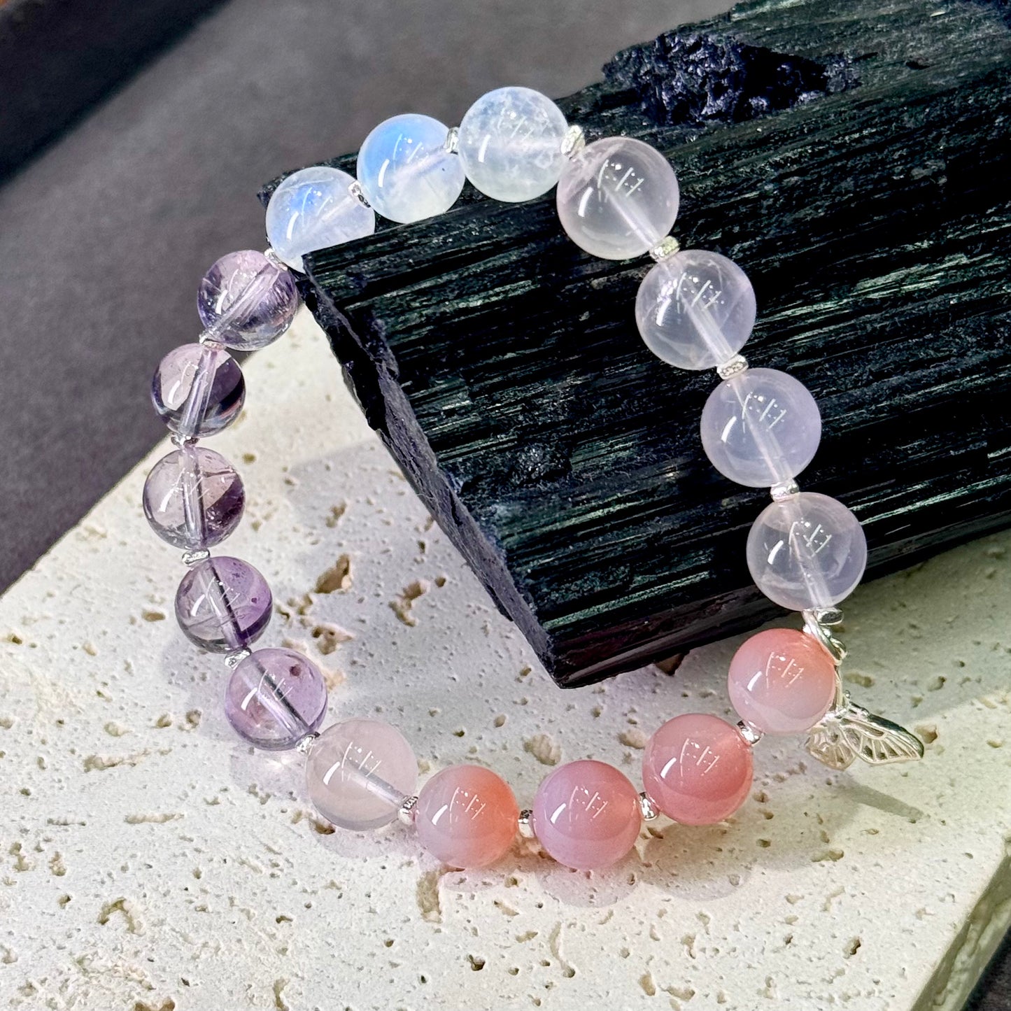 Amethyst & Moonstone Butterfly Bracelet 紫水晶 蓝月光 盐源玛瑙 粉水晶 s925银 - Silver Moon Garden 月蝶花境 🦋🌙