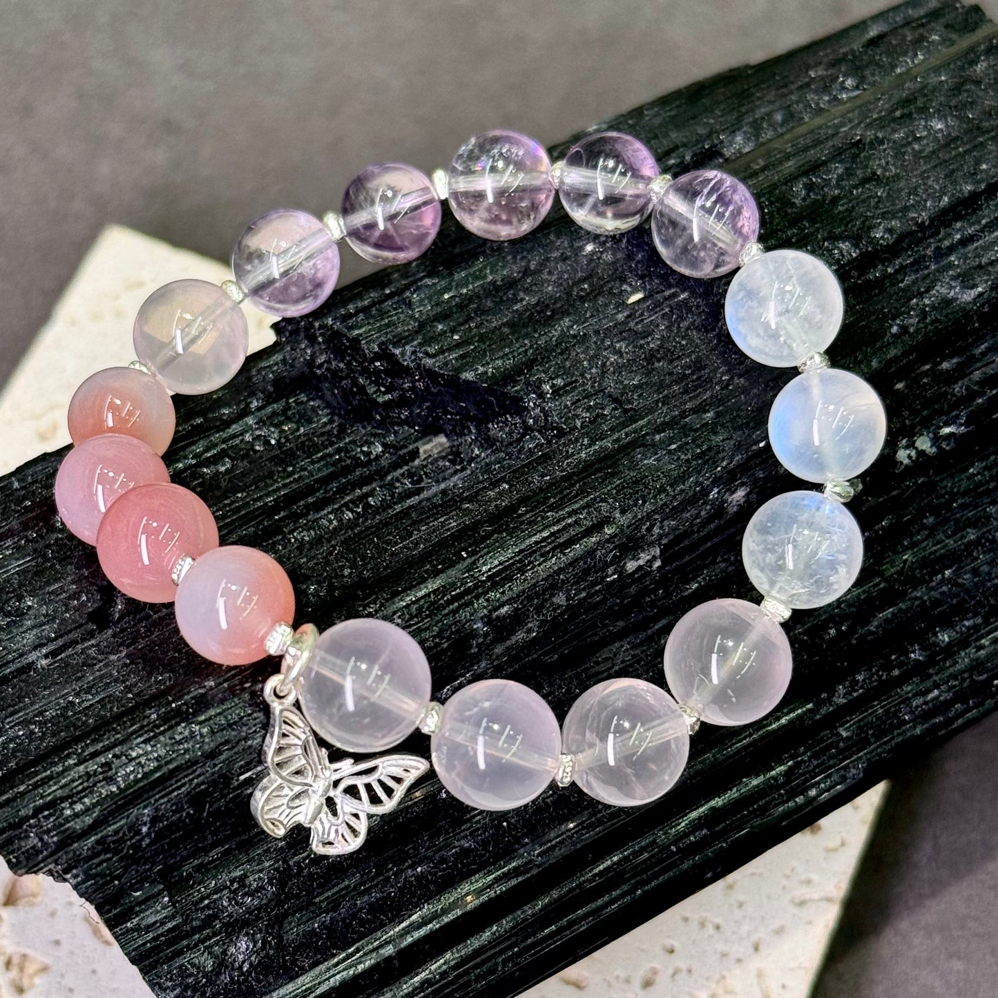 Amethyst & Moonstone Butterfly Bracelet 紫水晶 蓝月光 盐源玛瑙 粉水晶 s925银 - Silver Moon Garden 月蝶花境 🦋🌙