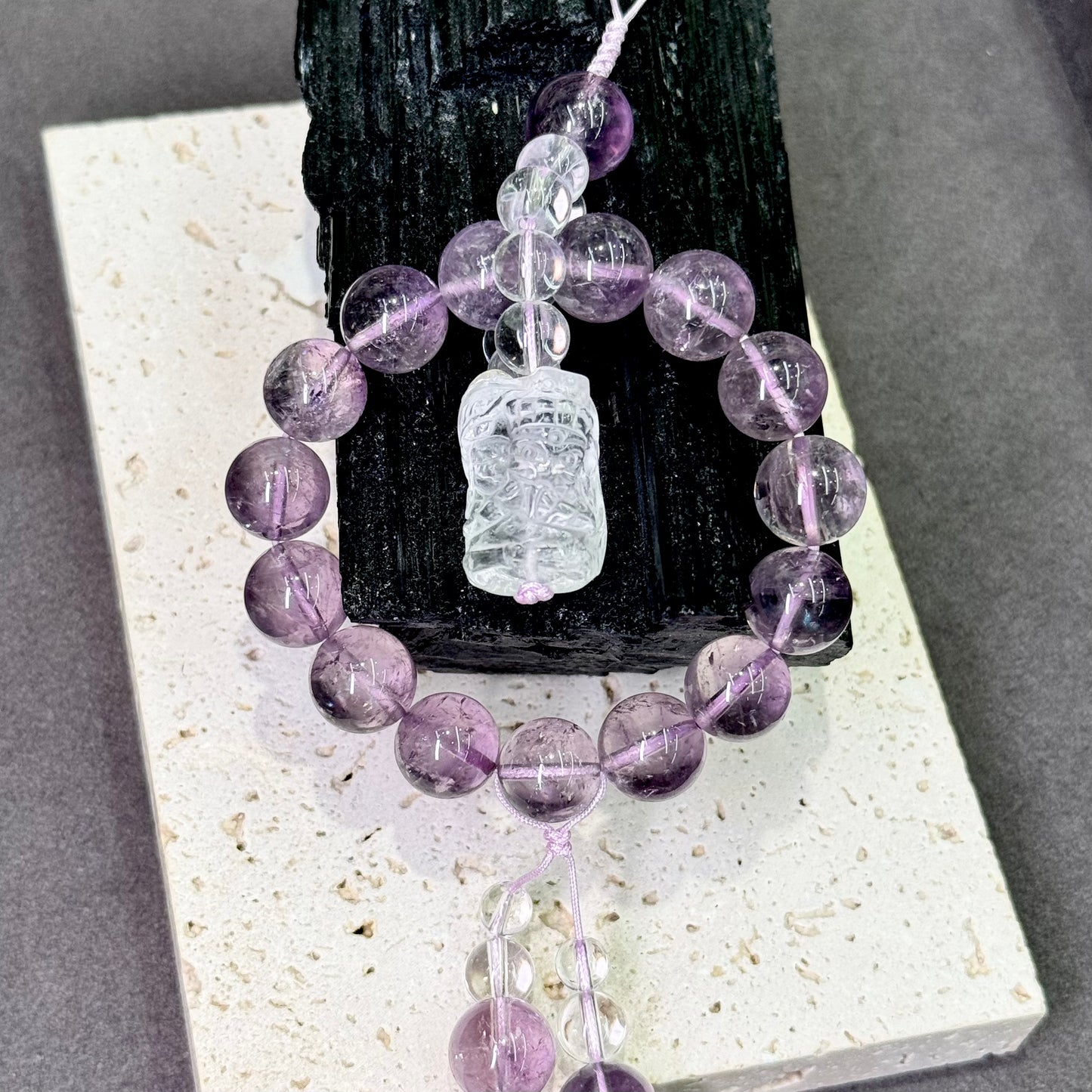 Amethyst & Clear Quartz Nine-Tailed Fox Car Charm 紫水晶 九尾狐 车饰 - Moonlit Fortune 灵狐映月 🦊