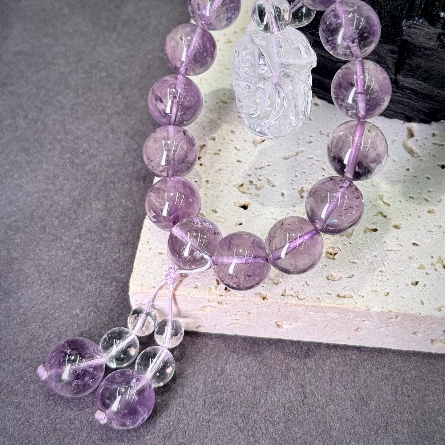 Amethyst & Clear Quartz Nine-Tailed Fox Car Charm 紫水晶 九尾狐 车饰 - Moonlit Fortune 灵狐映月 🦊