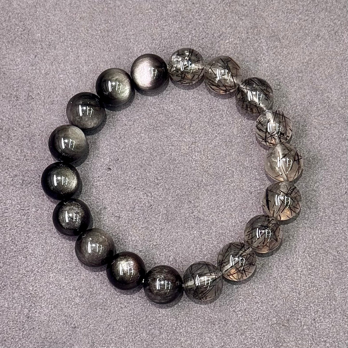 Black Rutilated Quartz & Silver Sheen Obsidian Bracelet 黑发晶 银曜石 - Midnight Guardian 墨夜守护 🖤🌙