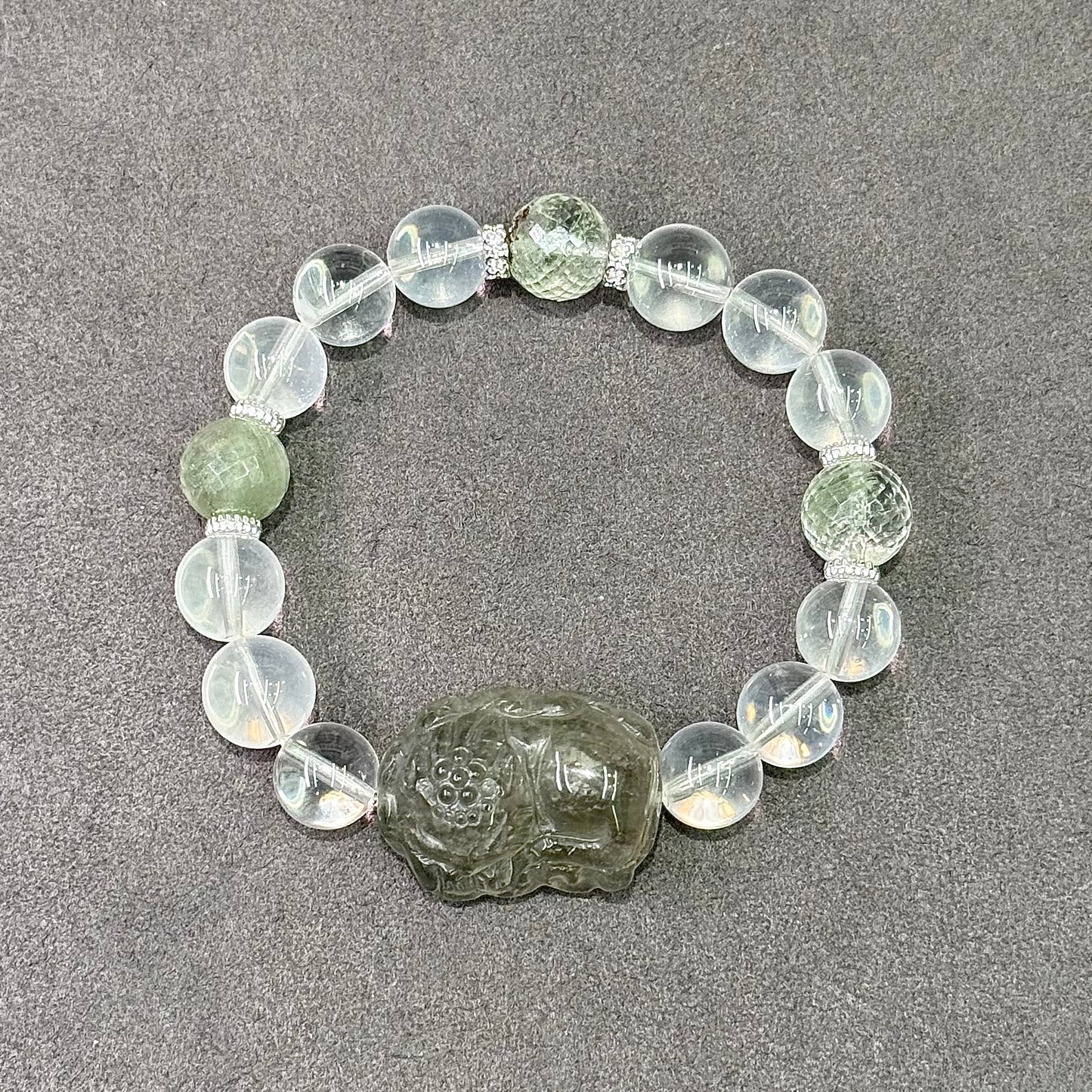Green Crystal Fox & Green Phantom Quartz Bracelet 绿幽灵 & 绿水晶狐牌 - Forest Fortune 翠影灵狐