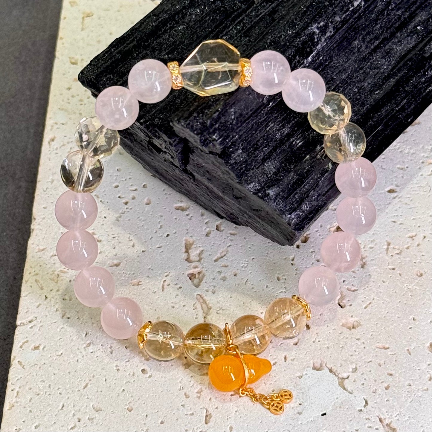 Citrine & Rose Quartz Bracelet with Amber Gourd & s925 Gold- plated Silver 黄水晶 粉晶 蜜蜡葫芦 s925银镀金 - Golden Blossom 财缘金福
