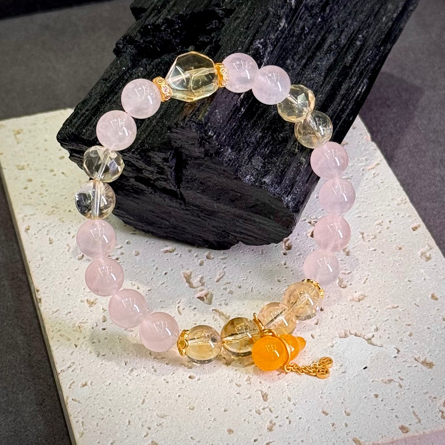 Citrine & Rose Quartz Bracelet with Amber Gourd & s925 Gold- plated Silver 黄水晶 粉晶 蜜蜡葫芦 s925银镀金 - Golden Blossom 财缘金福