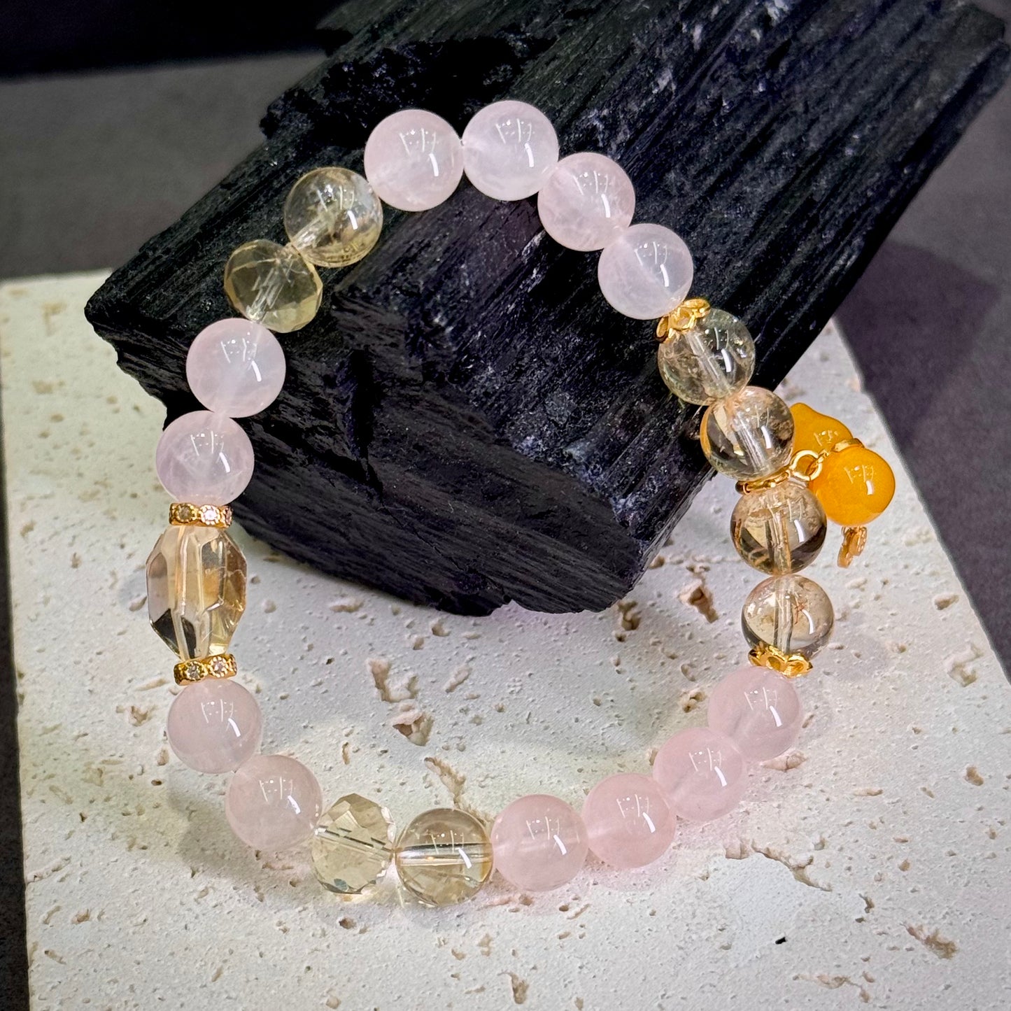 Citrine & Rose Quartz Bracelet with Amber Gourd & s925 Gold- plated Silver 黄水晶 粉晶 蜜蜡葫芦 s925银镀金 - Golden Blossom 财缘金福