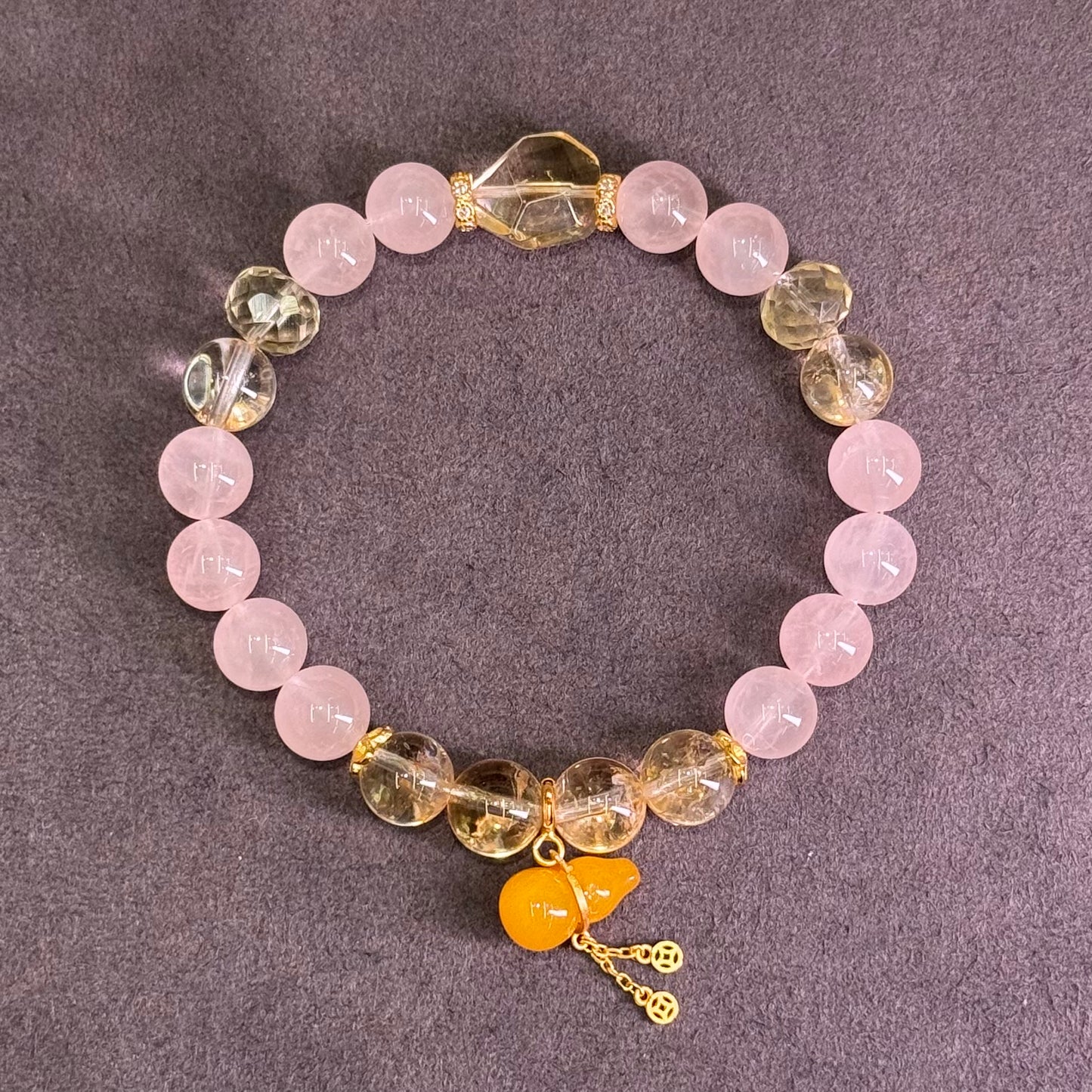 Citrine & Rose Quartz Bracelet with Amber Gourd & s925 Gold- plated Silver 黄水晶 粉晶 蜜蜡葫芦 s925银镀金 - Golden Blossom 财缘金福