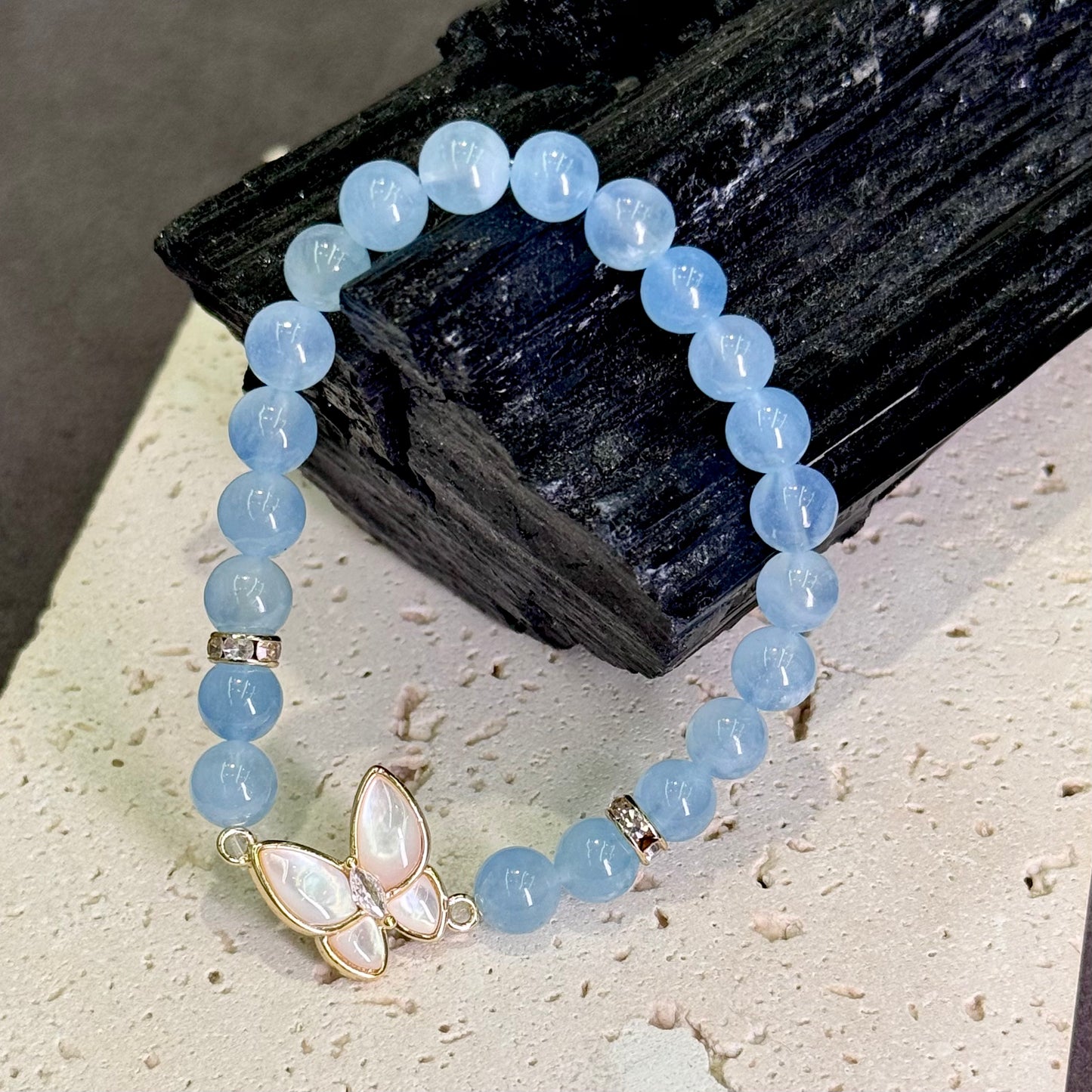 Aquamarine & White Mother-of-Pearl Butterfly Bracelet 海蓝宝 白贝母 - Ocean Butterfly 海蝶清梦