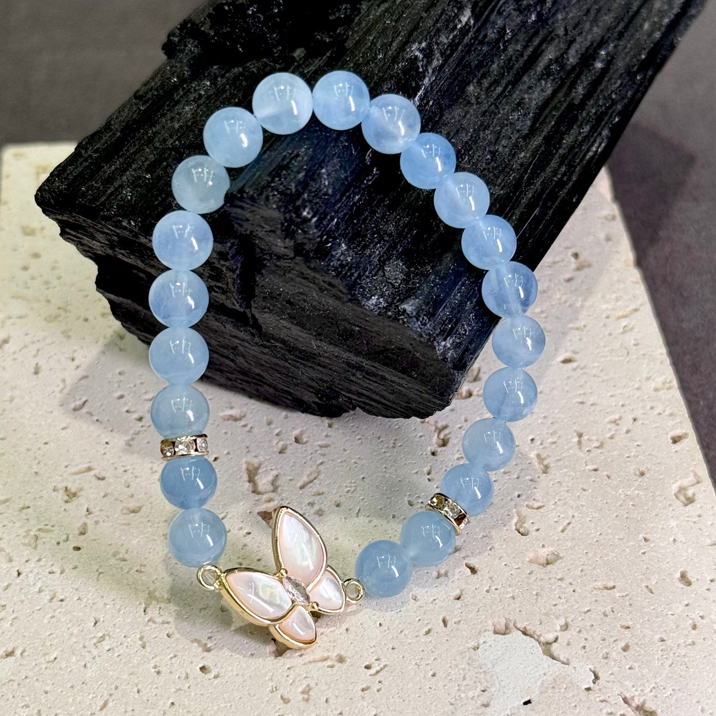 Aquamarine & White Mother-of-Pearl Butterfly Bracelet 海蓝宝 白贝母 - Ocean Butterfly 海蝶清梦