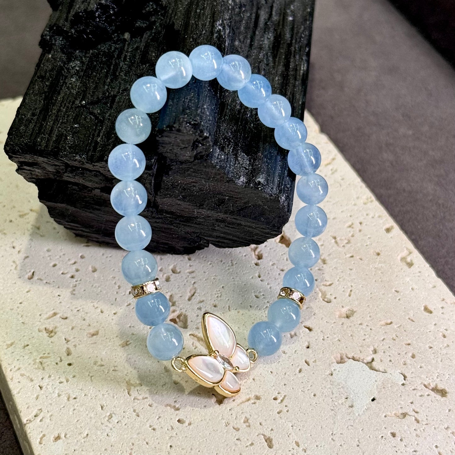 Aquamarine & White Mother-of-Pearl Butterfly Bracelet 海蓝宝 白贝母 - Ocean Butterfly 海蝶清梦