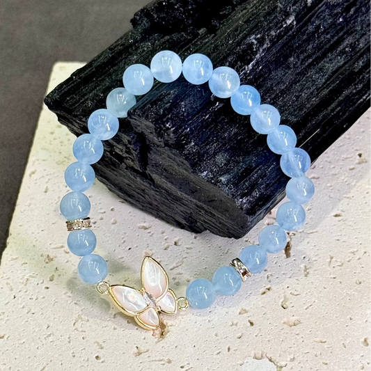 Aquamarine & White Mother-of-Pearl Butterfly Bracelet 海蓝宝 白贝母 - Ocean Butterfly 海蝶清梦