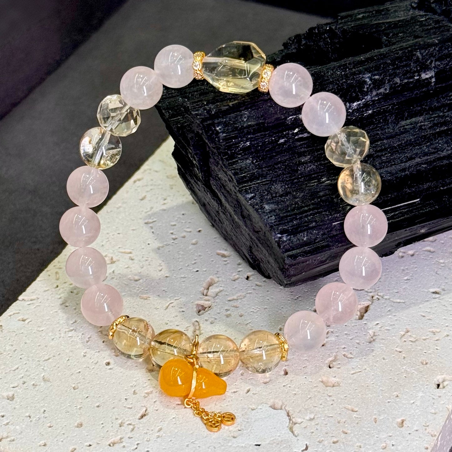 Citrine & Rose Quartz Bracelet with Amber Gourd & s925 Gold- plated Silver 黄水晶 粉晶 蜜蜡葫芦 s925银镀金 - Golden Blossom 财缘金福