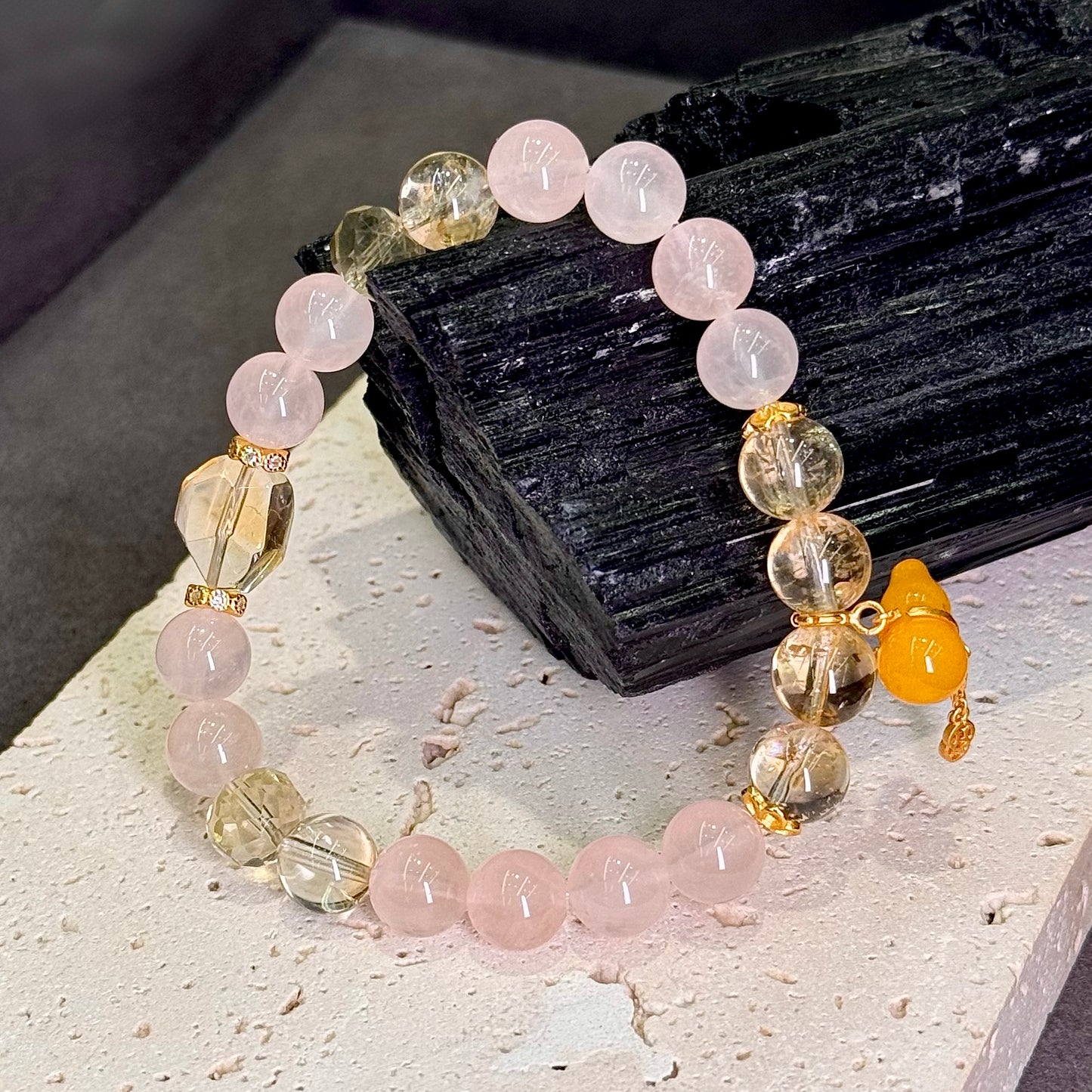 Citrine & Rose Quartz Bracelet with Amber Gourd & s925 Gold- plated Silver 黄水晶 粉晶 蜜蜡葫芦 s925银镀金 - Golden Blossom 财缘金福