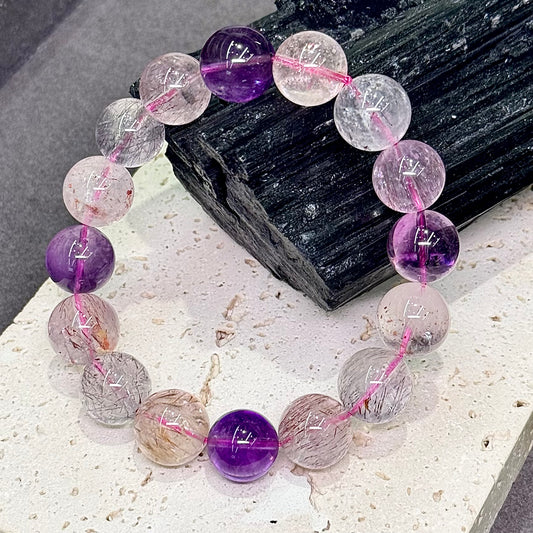 Super Seven Bracelet 近玻璃体 满烟花 满天星金草莓 粉紫色 仙女系 超七水晶 - Fireworks on a Pink Summer Night 粉色夏夜的烟花