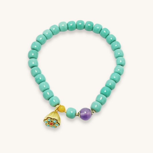 Mya Mixed - Lavender Amethyst & Turquoise Bracelet with Lotus Pendant