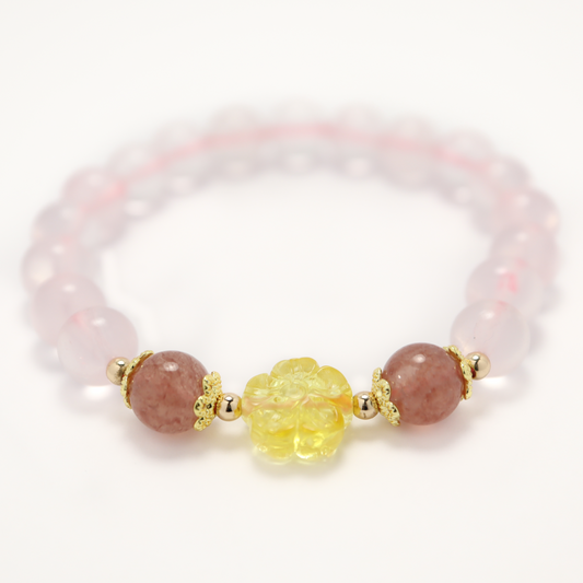 Love of Mei - Mozambique Rose Quartz & Strawberry Quartz Bracelet with Amber Pendant