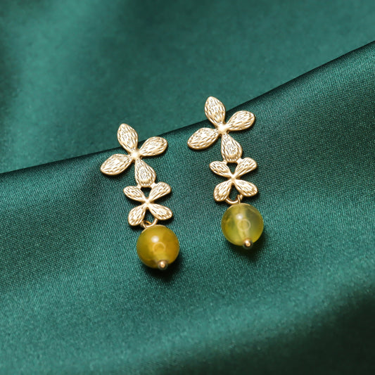 Gold Flower Amber Stud Drop Earrings