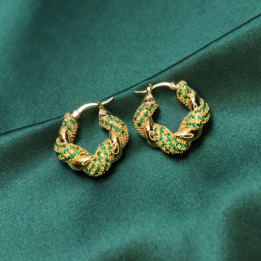 Green Zircon Gold Plated Croissant Hoop Earrings