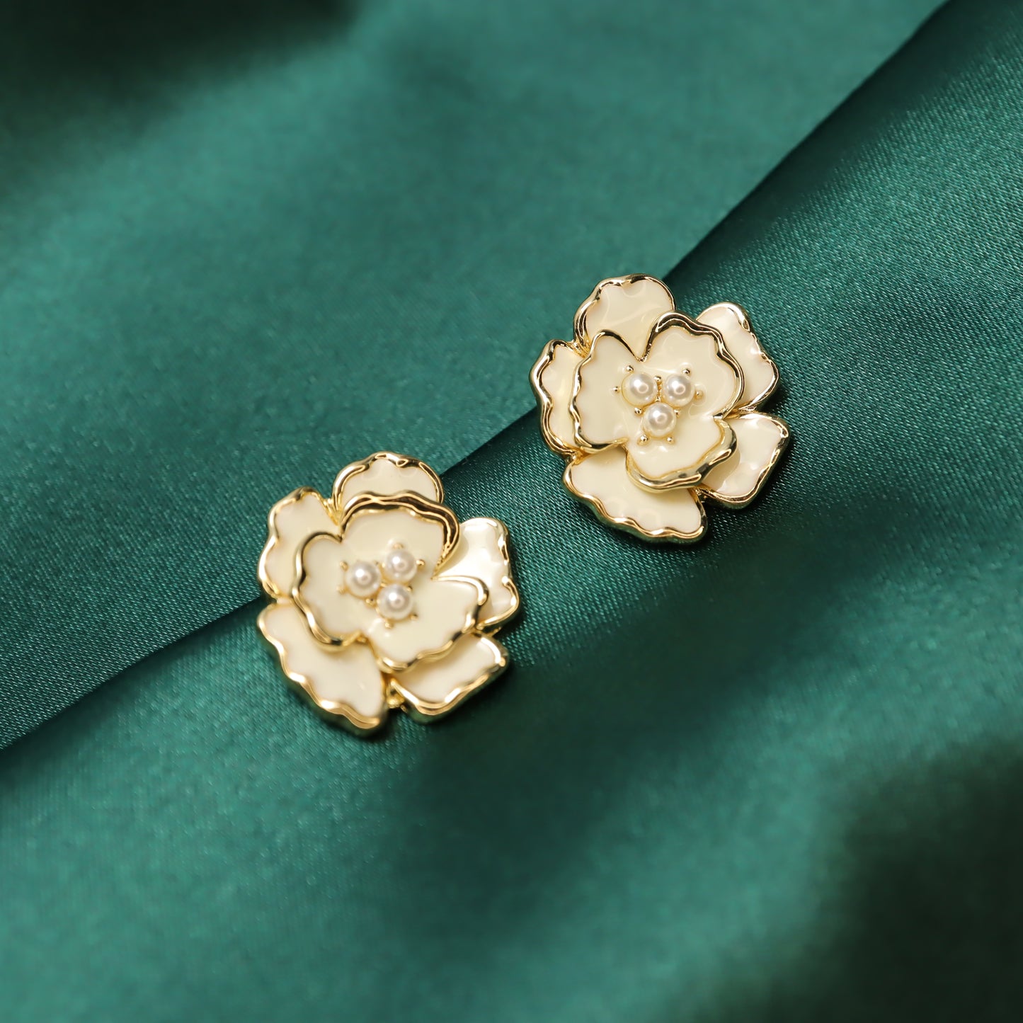 Gold Trim Camellia Pearl Centered Stud Earrings