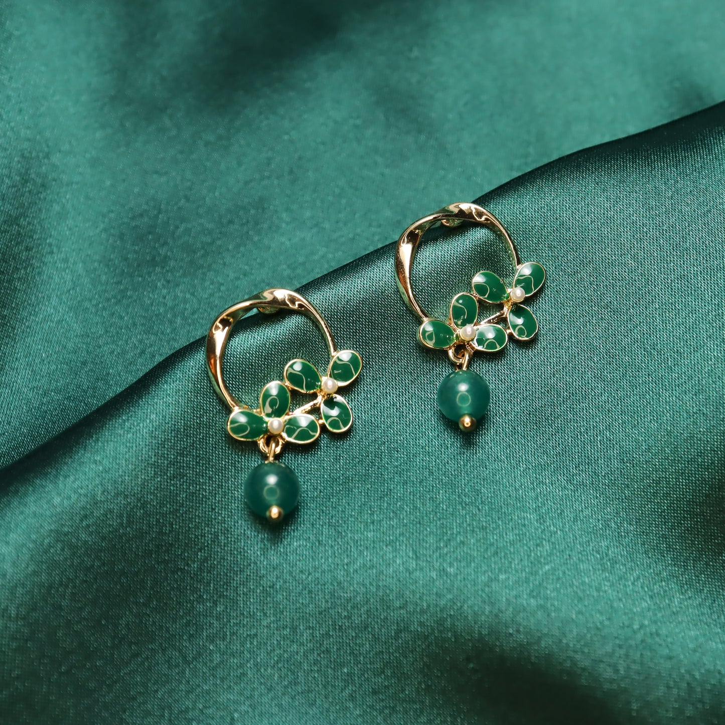 Vintage Green Glass Flower Hoop Stud Earrings