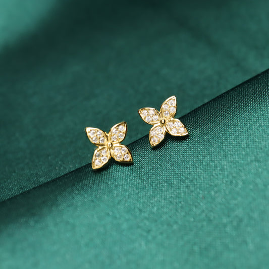 Four Petal Flower S925 Sterling Silver Stud Earrings (Color: Gold)