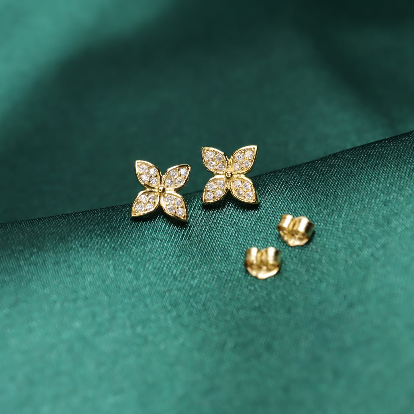 Four Petal Flower S925 Sterling Silver Stud Earrings (Color: Gold)
