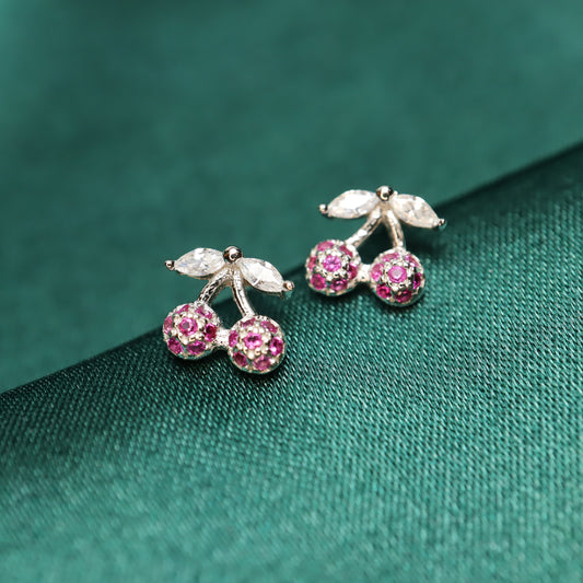 Cherry S925 Sterling Silver 14K Gold Plated & Zircon Stud Earrings (Color: Silver)