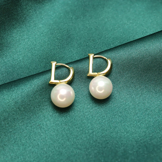 D Shape S925 Sterling Silver Pearl Hoop Earrings (Color: Gold)