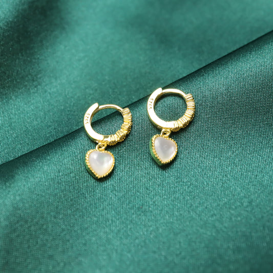 Angle Love - S925 Sterling Silver Zircon Heart Drop Hoop Earrings (Color: Gold)
