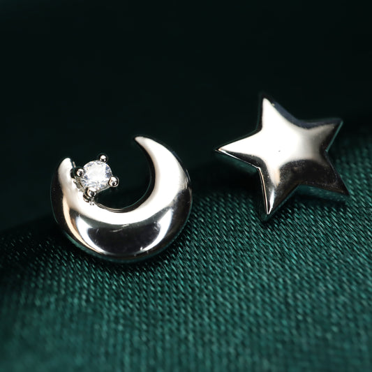 Star Loves Moon - S999 Sterling Silver & Zircon Stud Earrings (Color: Silver)