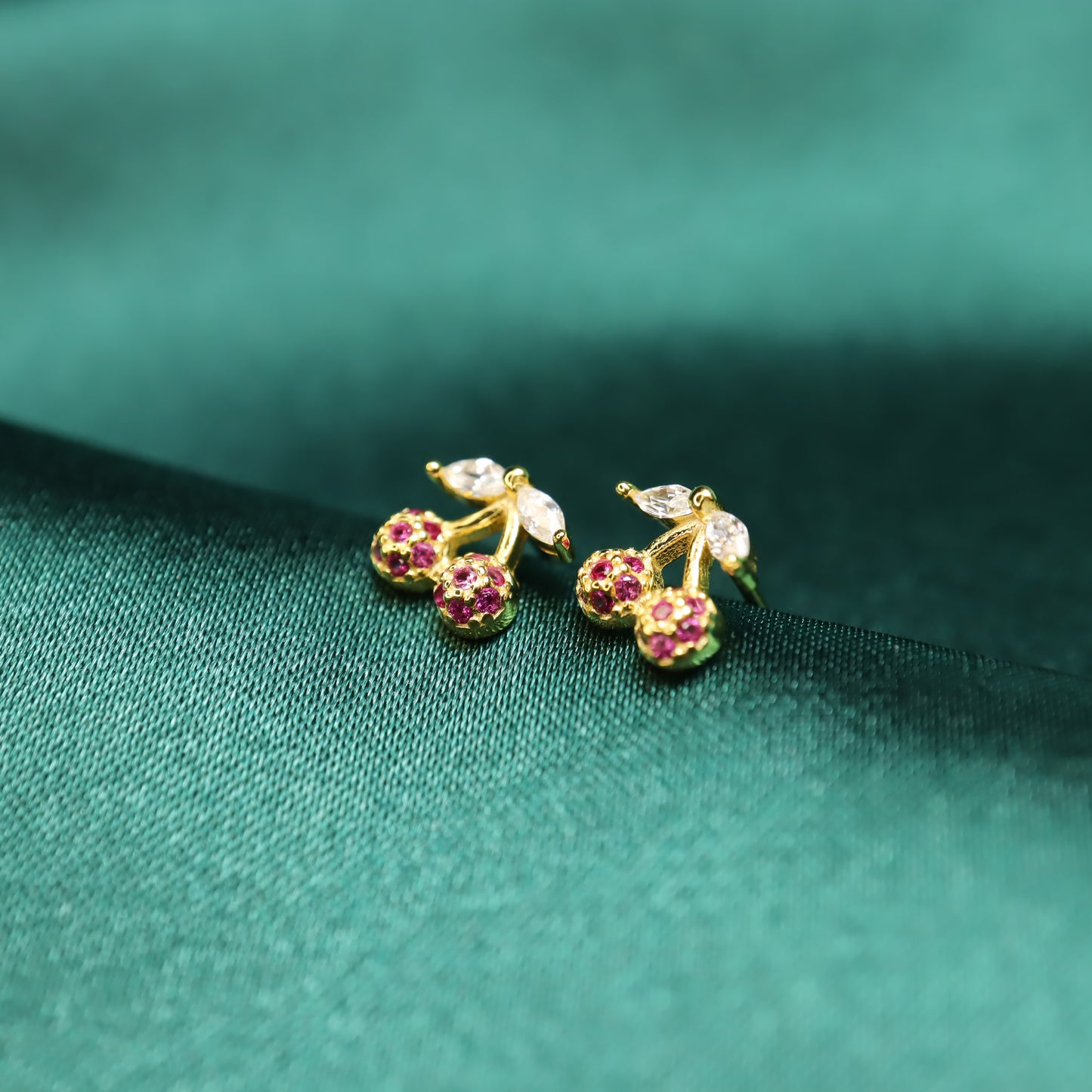 Cherry S925 Sterling Silver 14k Gold Plated & Zircon Stud Earrings (Color: Gold)