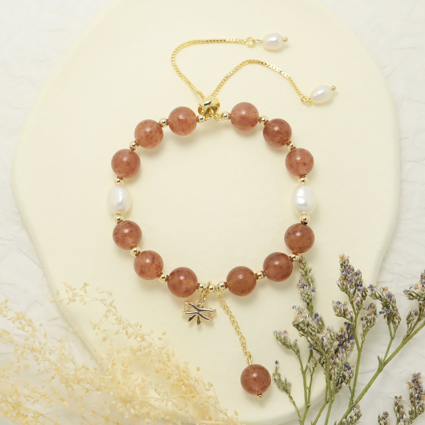 Chloe Desire - Strawberry Quartz & Freshwater Pearl Bracelet with Adjustable Chain