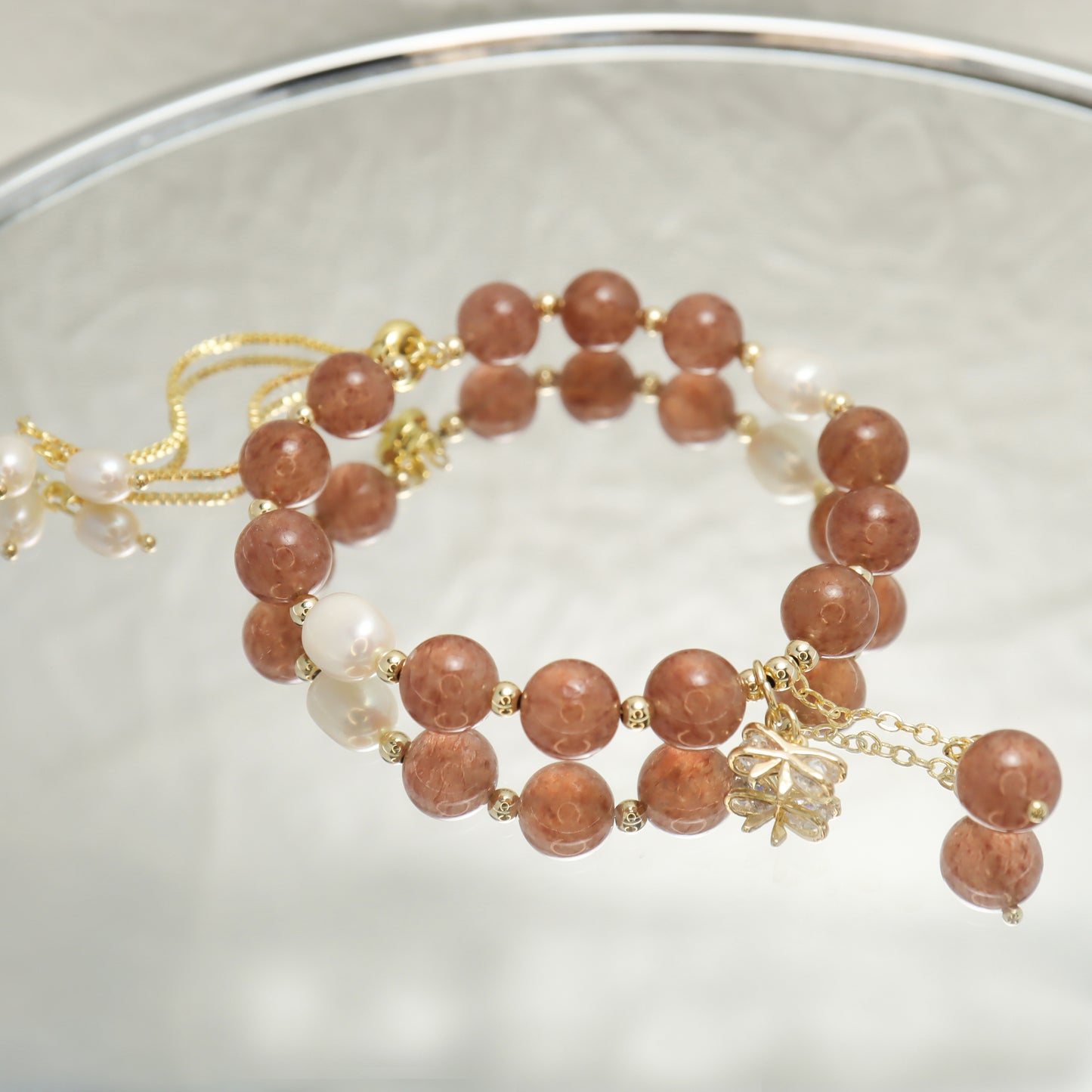 Chloe Desire - Strawberry Quartz & Freshwater Pearl Bracelet with Adjustable Chain