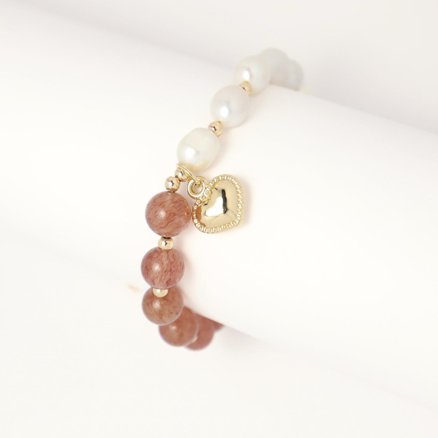 Only U - Heart Drop Strawberry Quartz & Freshwater Pearl Bracelet with Adjustable Chain