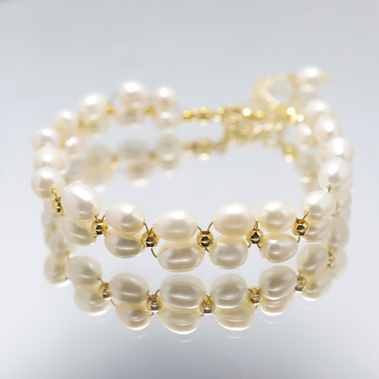 Blooming Flowers - Vintage Double Strand Freshwater Pearl Bracelet With Adjustable Chain