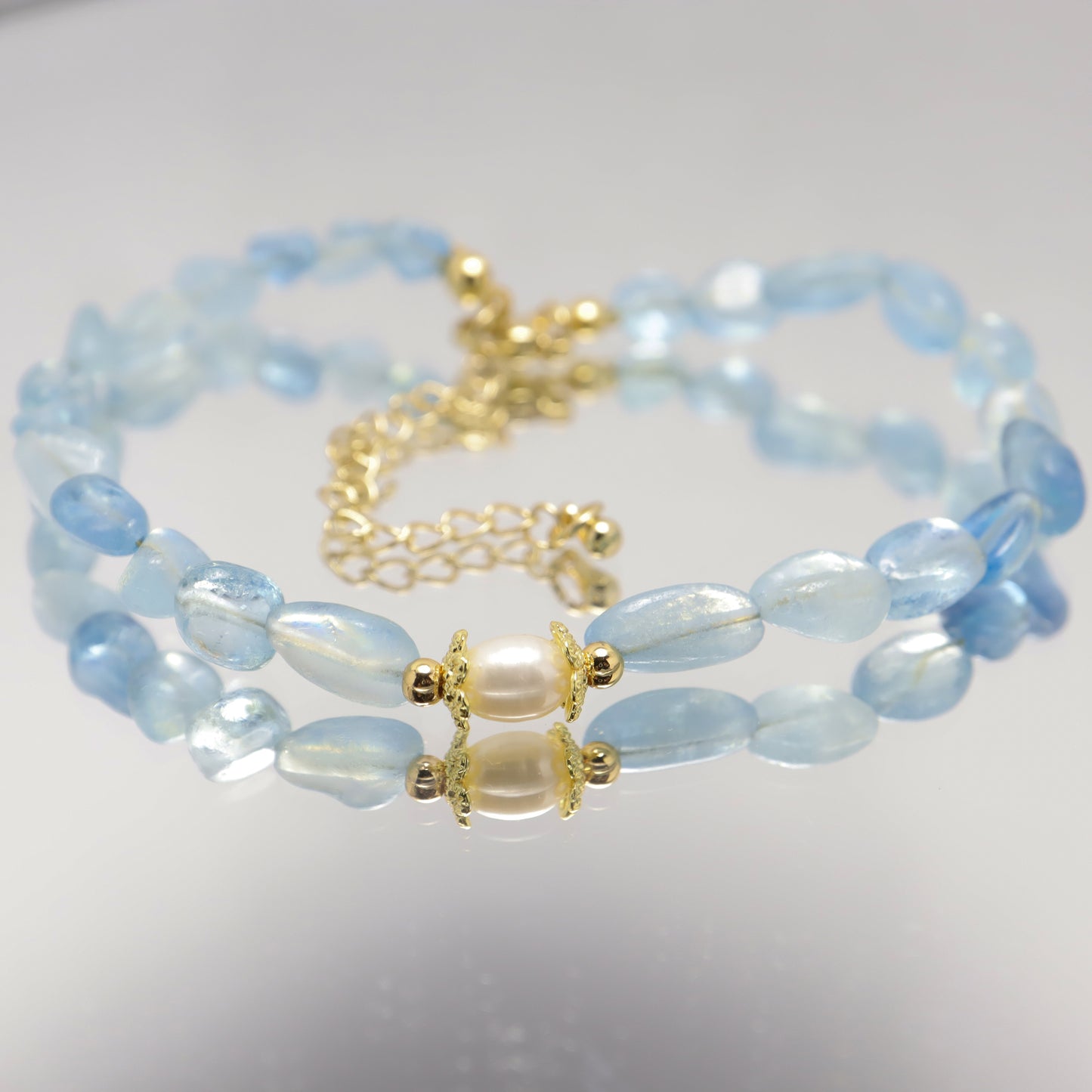 Ocean Star - Irregular Shape Aquamarine & Freshwater Pearl Bracelet With Adjustable Chain