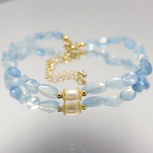 Ocean Star - Irregular Shape Aquamarine & Freshwater Pearl Bracelet With Adjustable Chain