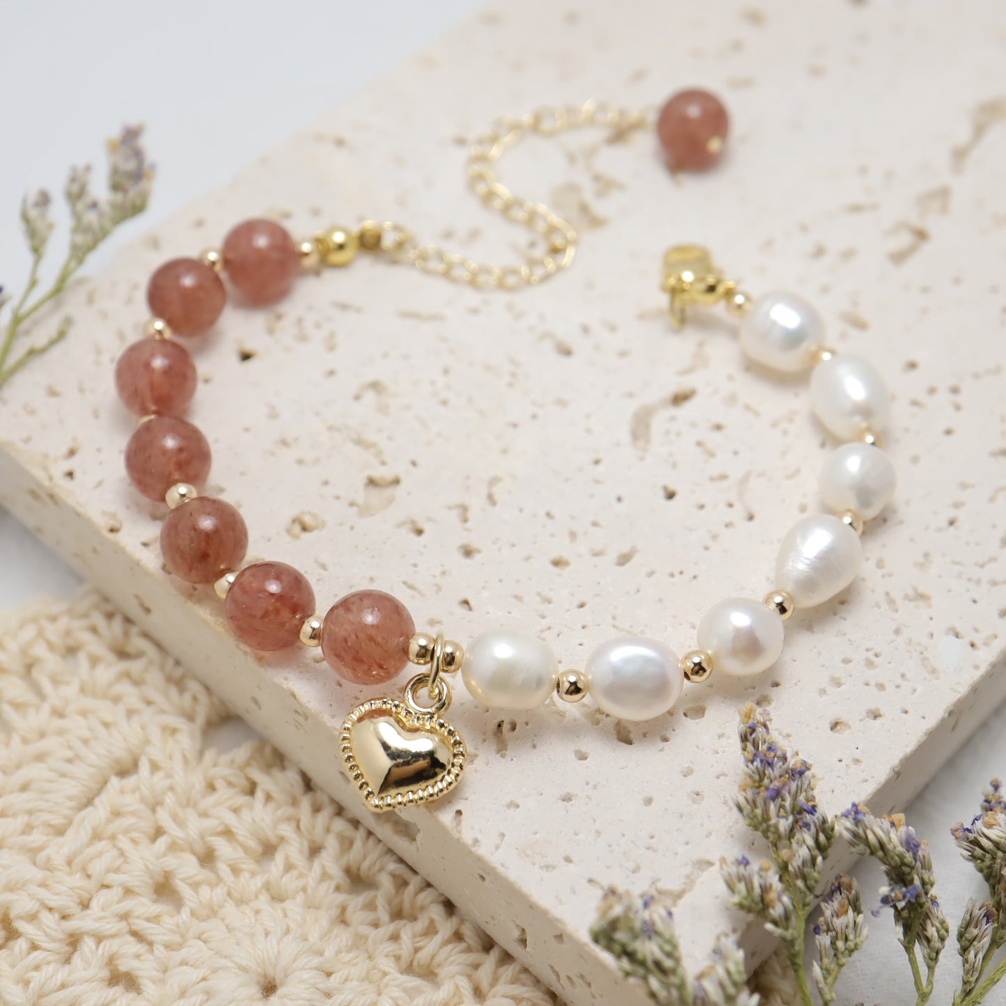 Only U - Heart Drop Strawberry Quartz & Freshwater Pearl Bracelet with Adjustable Chain