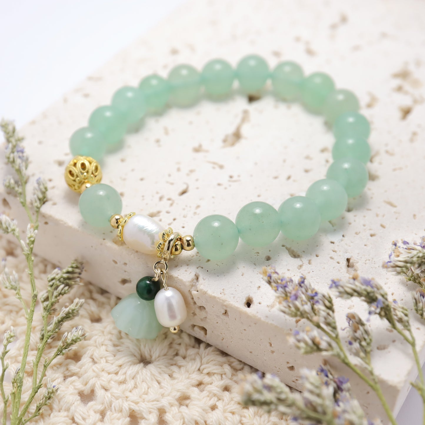 Purity & Love - Aventurine Lotus Seedpod Gemstones Freshwater Pearl Bracelet
