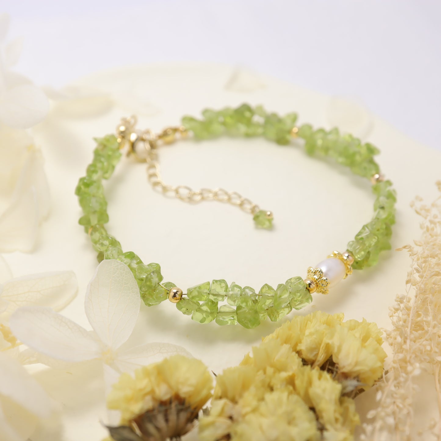 Peaceful - Irregular Shape Peridot/Olivine Gemstone & Freshwater Pearl Bracelet
