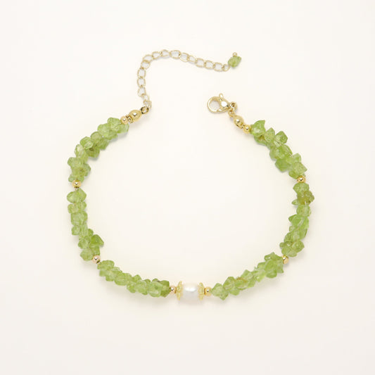 Peaceful - Irregular Shape Peridot/Olivine Gemstone & Freshwater Pearl Bracelet