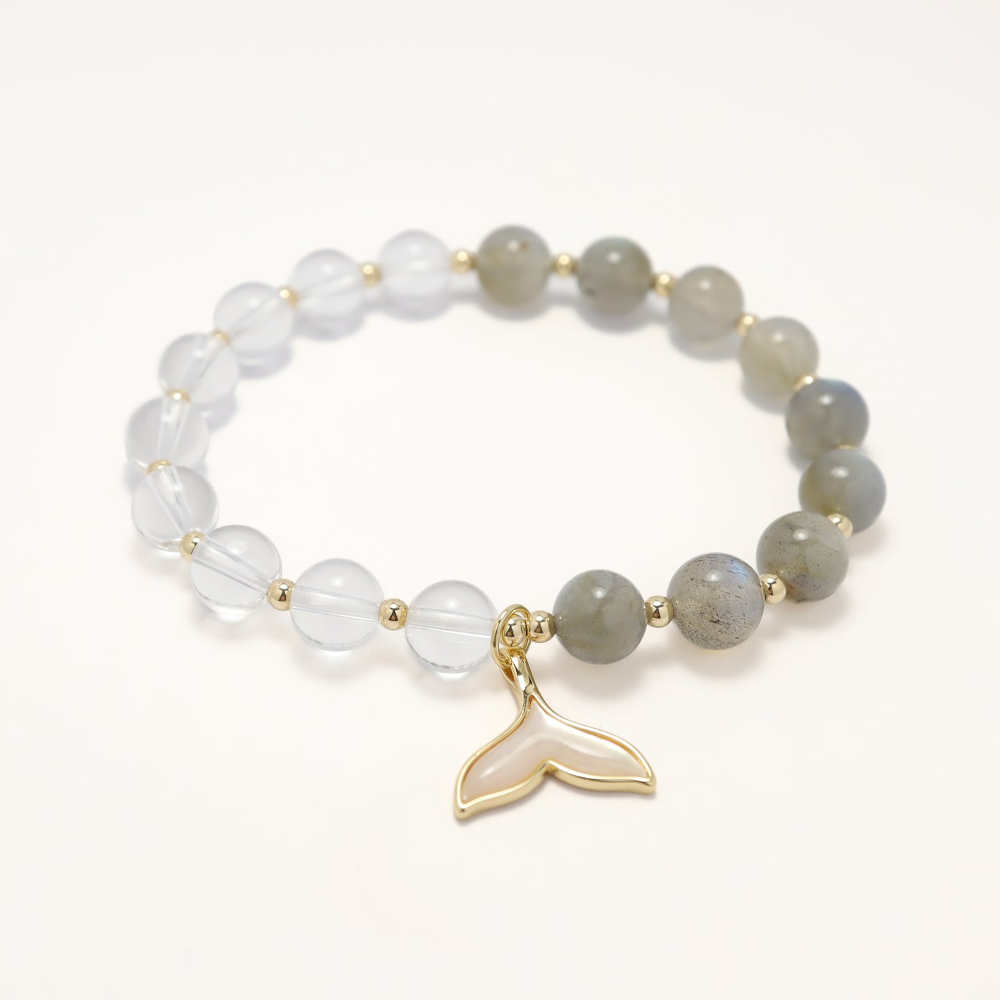 Fortune Whale Tail - Grey Moonstone & Clear Quartz Bracelet