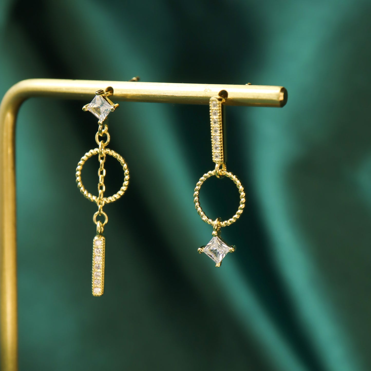 Arielle - Asymmetrical S925 Sterling Silver Gold Plated Hoop Zircon Drop Earrings (Color: Gold)