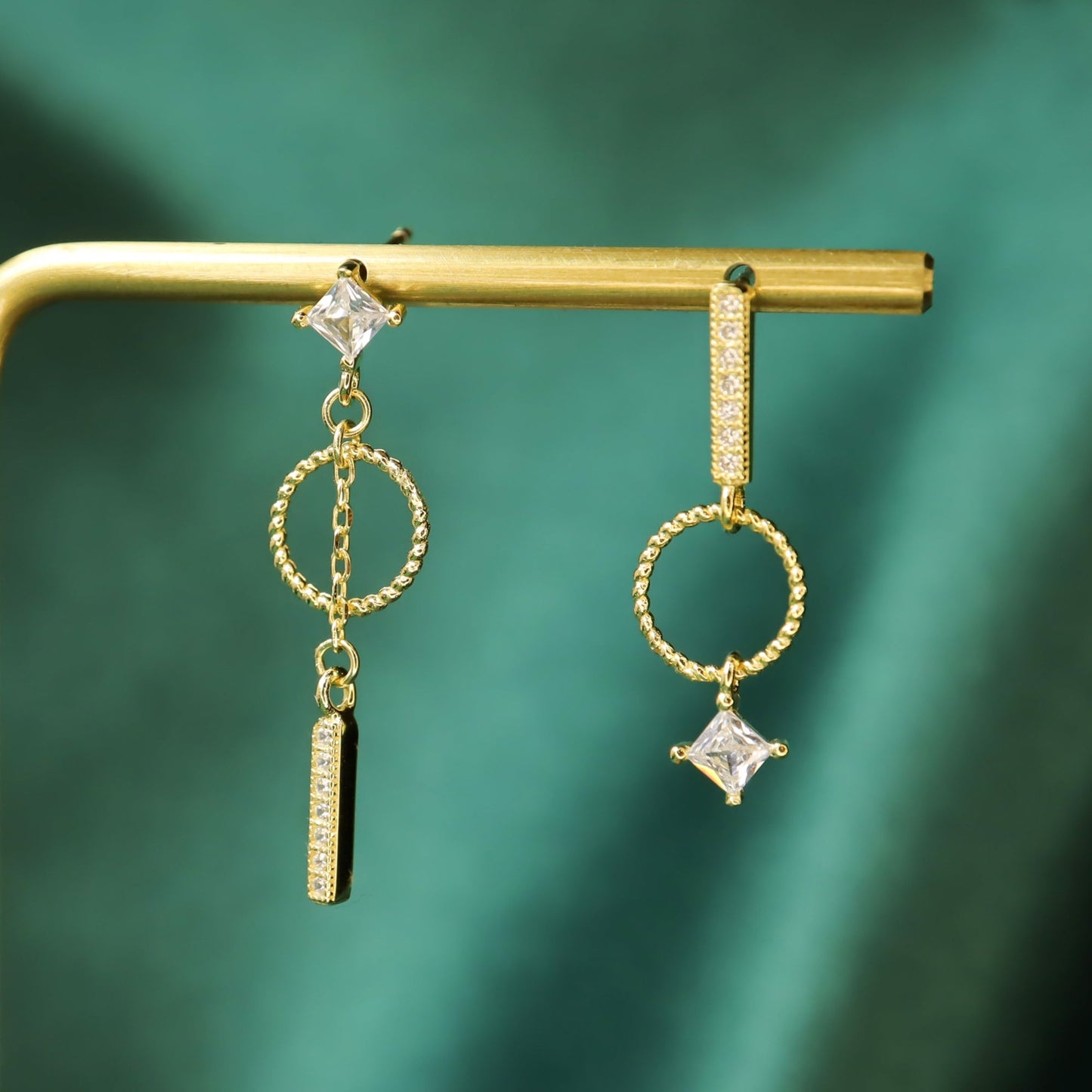 Arielle - Asymmetrical S925 Sterling Silver Gold Plated Hoop Zircon Drop Earrings (Color: Gold)