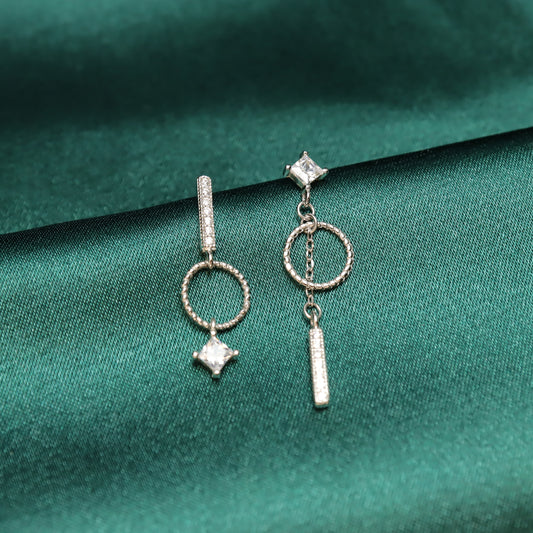 Arielle - Asymmetrical S925 Sterling Silver Gold Plated Hoop Zircon Drop Earrings (Color: Silver)