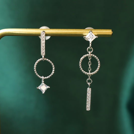 Arielle - Asymmetrical S925 Sterling Silver Gold Plated Hoop Zircon Drop Earrings (Color: Silver)